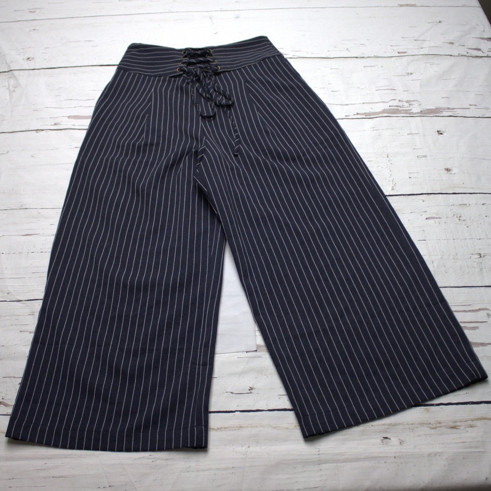 Everly Pinstripe Lace Up Wide Leg Pants Navy Blue S Dark Academia - Picture 2 of 8